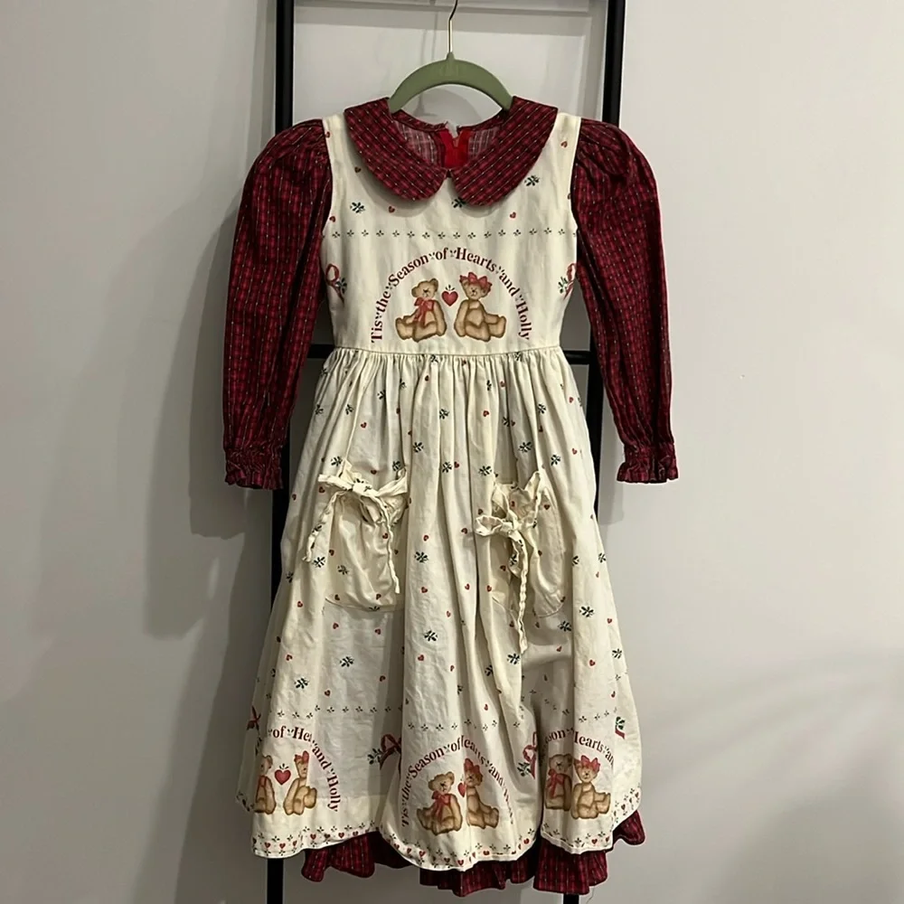 Vintage Daisy Kingdom Girls Dress Red Cream Long Sleeve Size 5/6